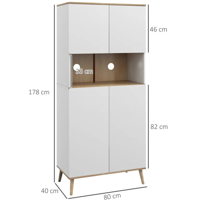 Buffet haut 4 portes 3 étagères grande niche bois pin blanc effet chêne clair