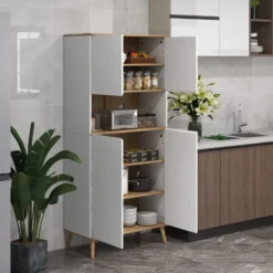 Buffet haut 4 portes 3 étagères grande niche bois pin blanc effet chêne clair