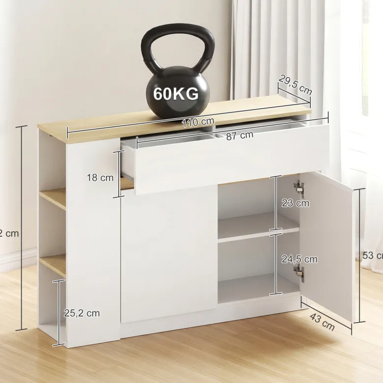 Buffet 2 portes étagère tiroir 3 niches blanc aspect chêne clair