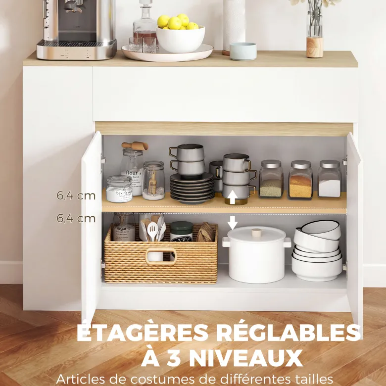 Buffet 2 portes étagère tiroir 3 niches blanc aspect chêne clair