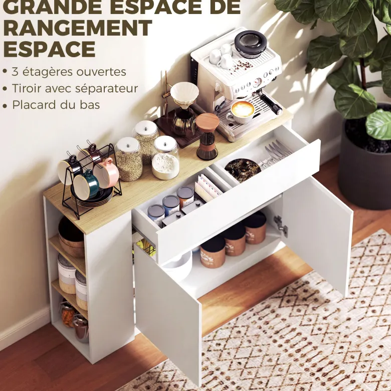 Buffet 2 portes étagère tiroir 3 niches blanc aspect chêne clair