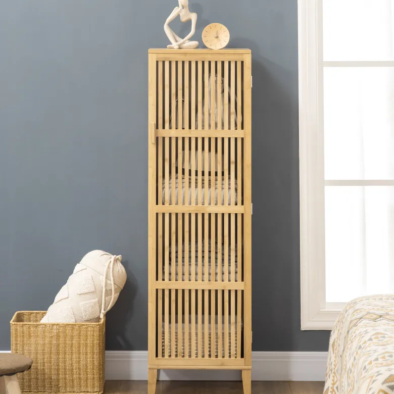 Buffet rangement porte 3 étagères bois de bambou verni