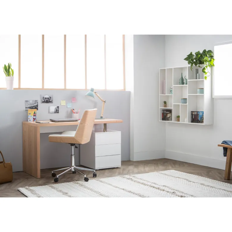 Bureau avec rangements 3 tiroirs bois clair chêne et blanc l140 cm calix