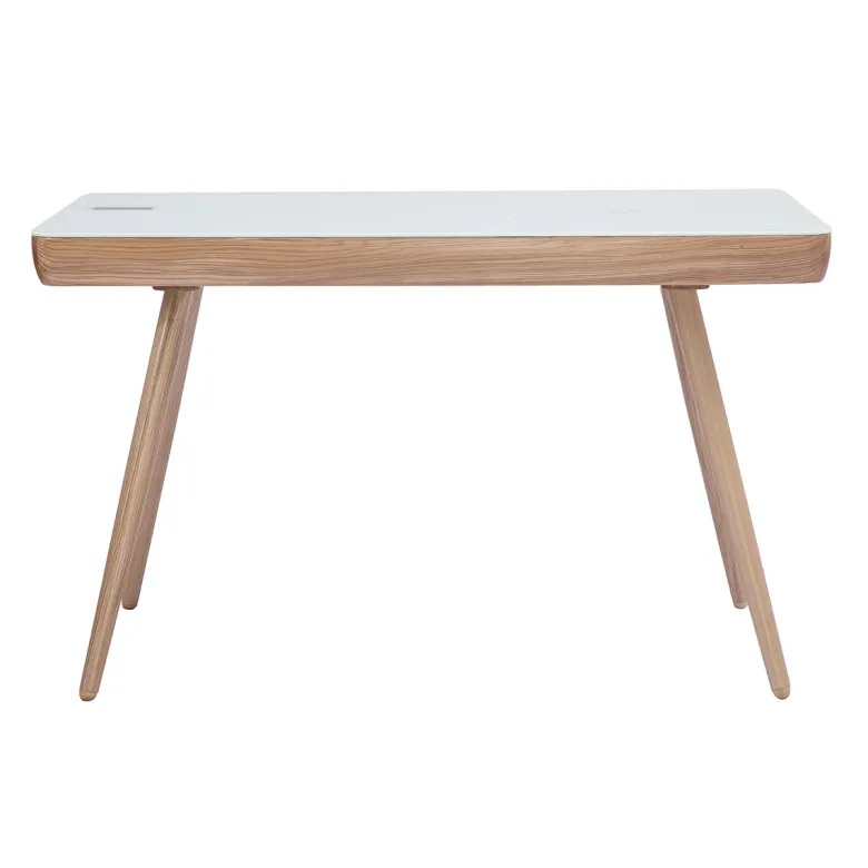 Bureau connecté multimédia avec tiroir en verre et bois clair l120 cm clever