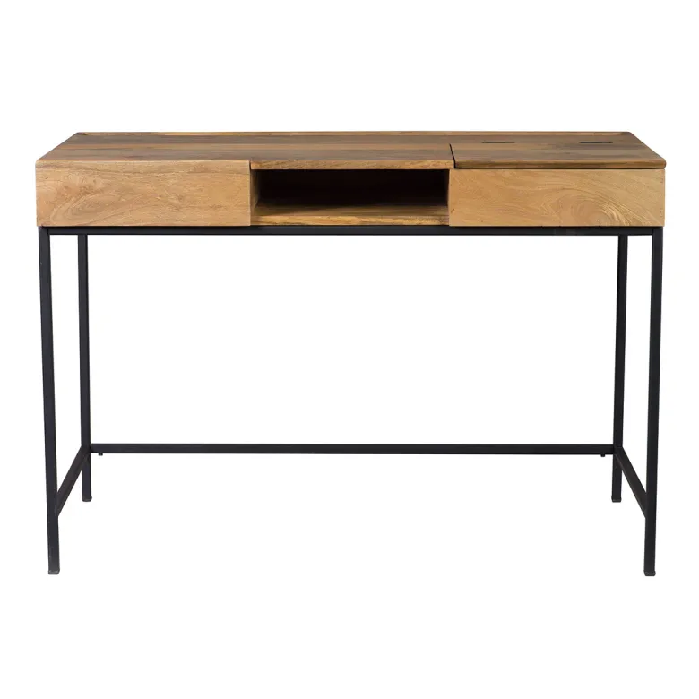Bureau à rangements bois manguier massif et métal noir l118 cm ypster