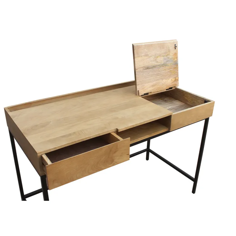 Bureau à rangements bois manguier massif et métal noir l118 cm ypster