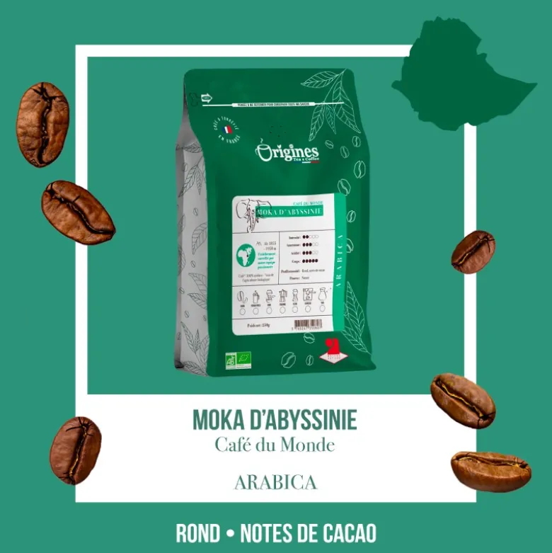 Café bio - moka d'abyssinie - pur arabica - grain 250g