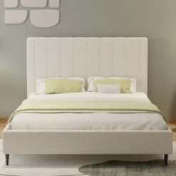 Cambridge lit bouclette 160x200cm beige avec tête de lit et sommier