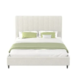 Cambridge lit bouclette 160x200cm beige avec tête de lit et sommier