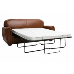 Canapé convertible 3 places cuir marron et bois noir avec matelas 9 cm club