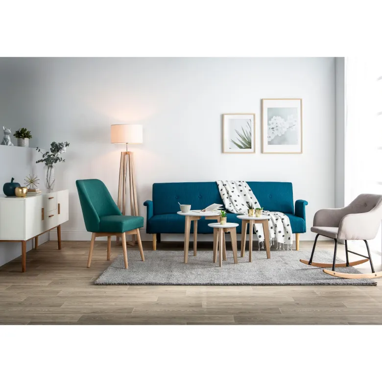 Canapé convertible 3 places en tissu bleu canard et bois clair oscar
