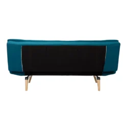 Canapé convertible 3 places en tissu bleu canard et bois clair senso