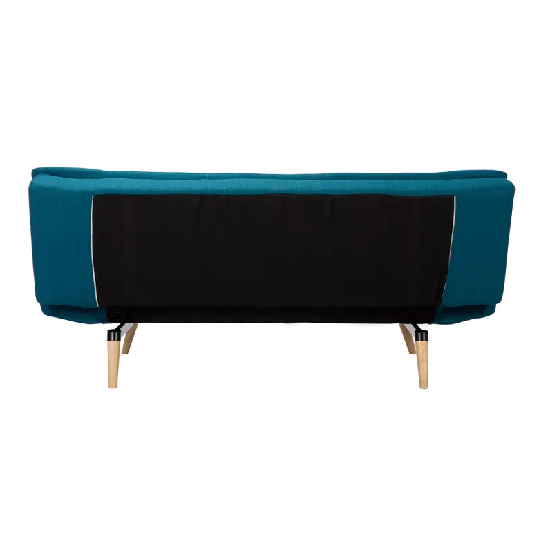 Canapé convertible 3 places en tissu bleu canard et bois clair senso