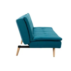 Canapé convertible 3 places en tissu bleu canard et bois clair senso
