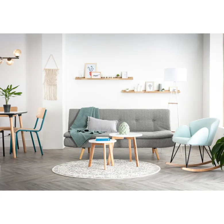 Canapé convertible 3 places en tissu bleu canard et bois clair senso