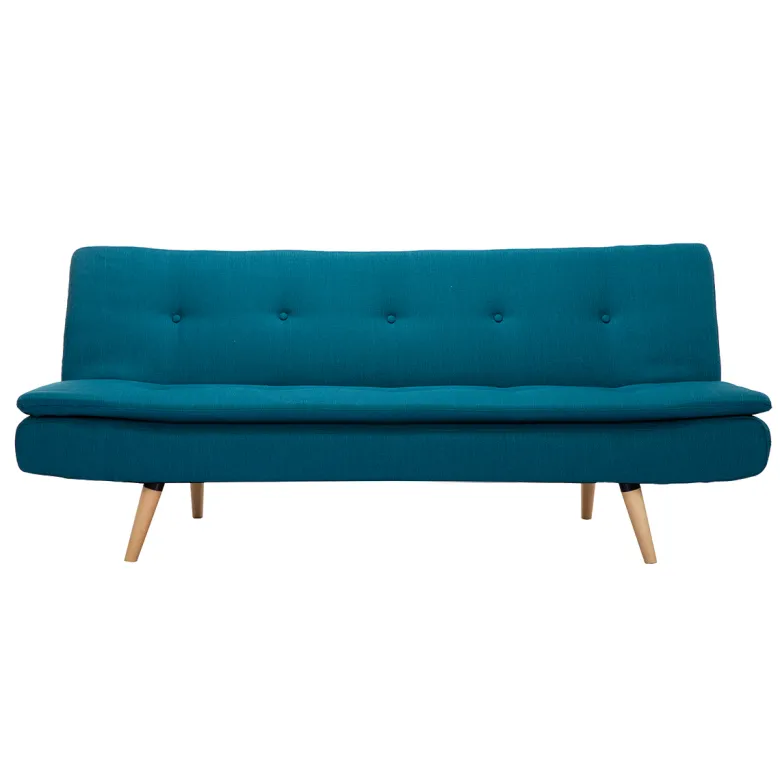Canapé convertible 3 places en tissu bleu canard et bois clair senso