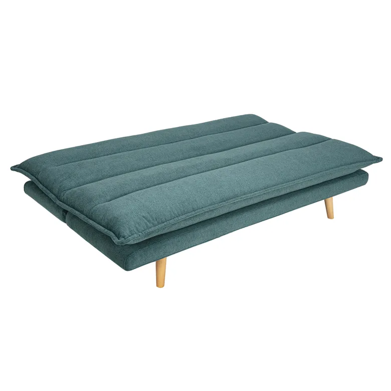 Canapé convertible 3 places en tissu chenille bleu canard et bois clair bingo