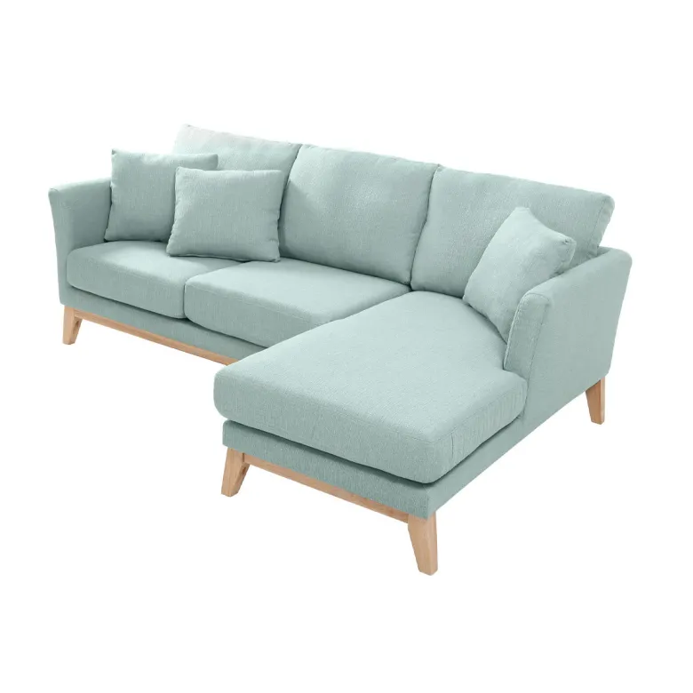 Canapé d'angle droit déhoussable 4 places en tissu vert lagon et bois clair oslo