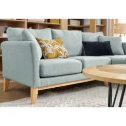 Canapé d'angle droit déhoussable 4 places en tissu vert lagon et bois clair oslo