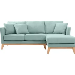 Canapé d'angle droit déhoussable 4 places en tissu vert lagon et bois clair oslo