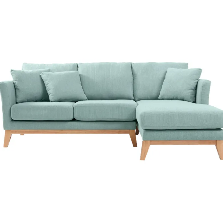 Canapé d'angle droit déhoussable 4 places en tissu vert lagon et bois clair oslo
