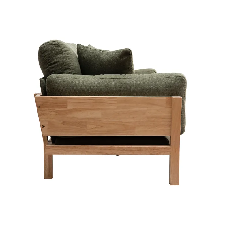 Canapé déhoussable 3 places en tissu vert kaki et bois clair kyo