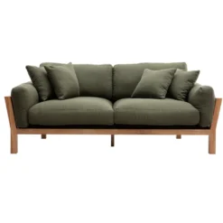 Canapé déhoussable 3 places en tissu vert kaki et bois clair kyo