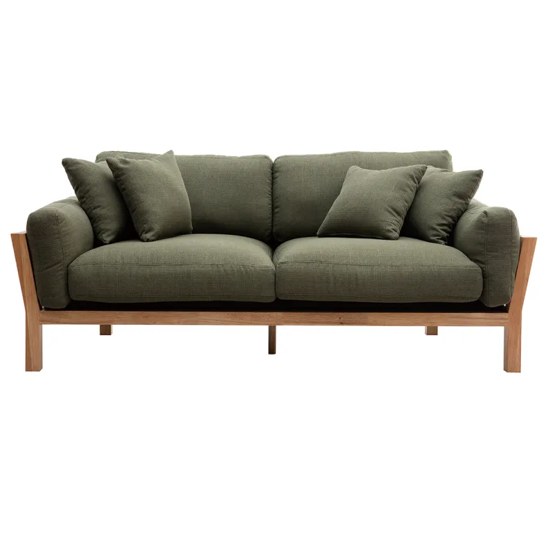 Canapé déhoussable 3 places en tissu vert kaki et bois clair kyo