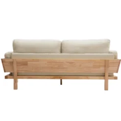 Canapé déhoussable 3 places en tissu blanc crème et bois clair kyo