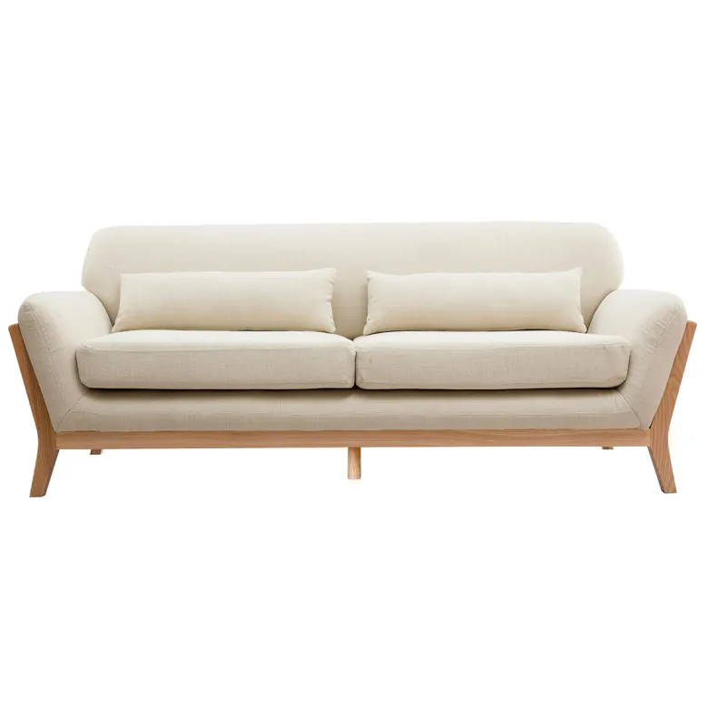 Canapé 3 places en tissu beige et bois clair yoko