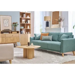 Canapé 3 places en tissu chenille vert kaki et bois clair munik