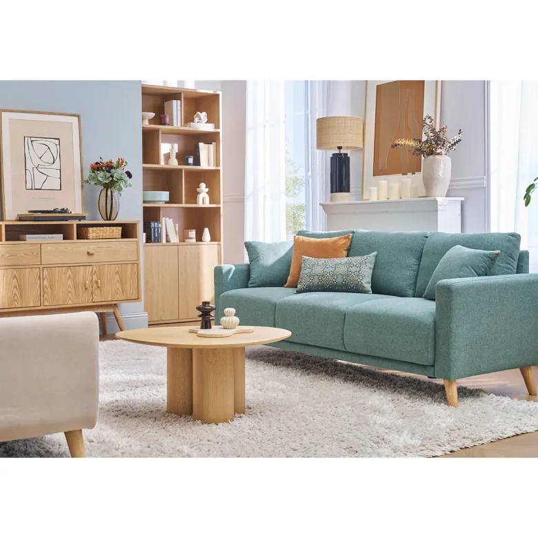 Canapé 3 places en tissu chenille vert kaki et bois clair munik
