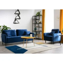 Canapé 3 places en tissu velours bleu foncé et métal noir beka