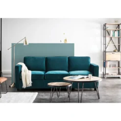 Canapé 3 places en tissu velours bleu pétrole et bois noir brooklyn
