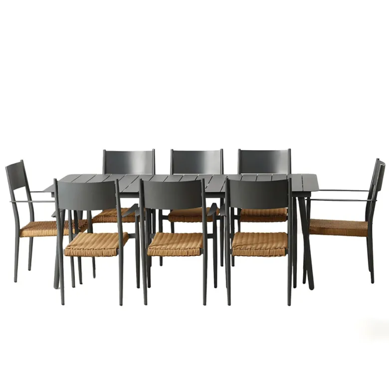 Canberra ensemble table de jardin 200 cm et 8 fauteuils gris foncé effet rotin