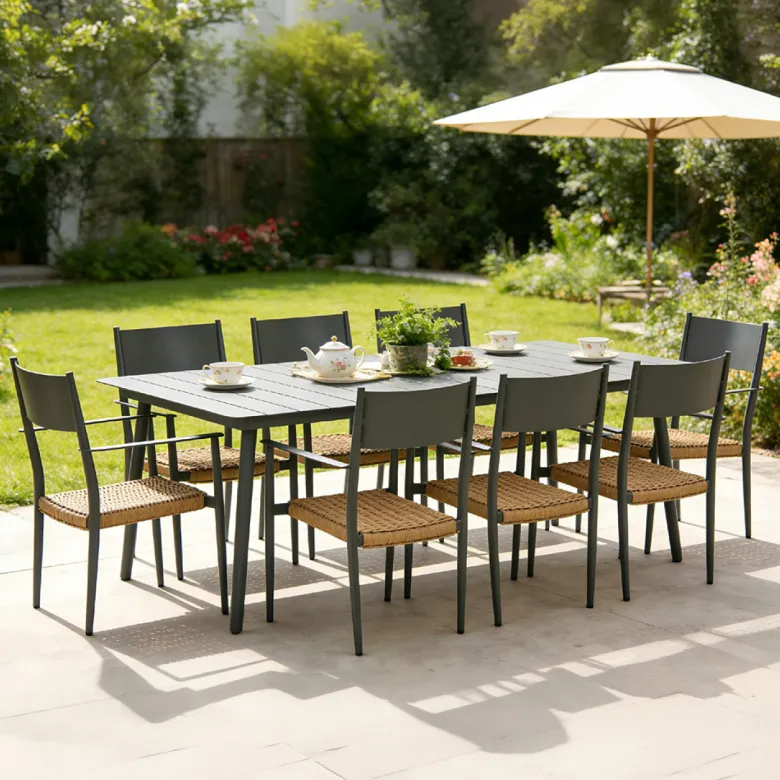 Canberra ensemble table de jardin 200 cm et 8 fauteuils gris foncé effet rotin