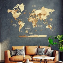 Carte du monde en bois 3d ambrée m