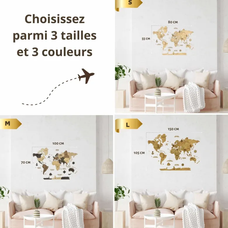 Carte du monde en bois 2d claire l