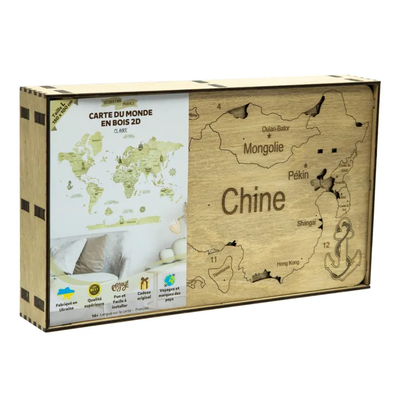 Carte du monde en bois 2d claire l