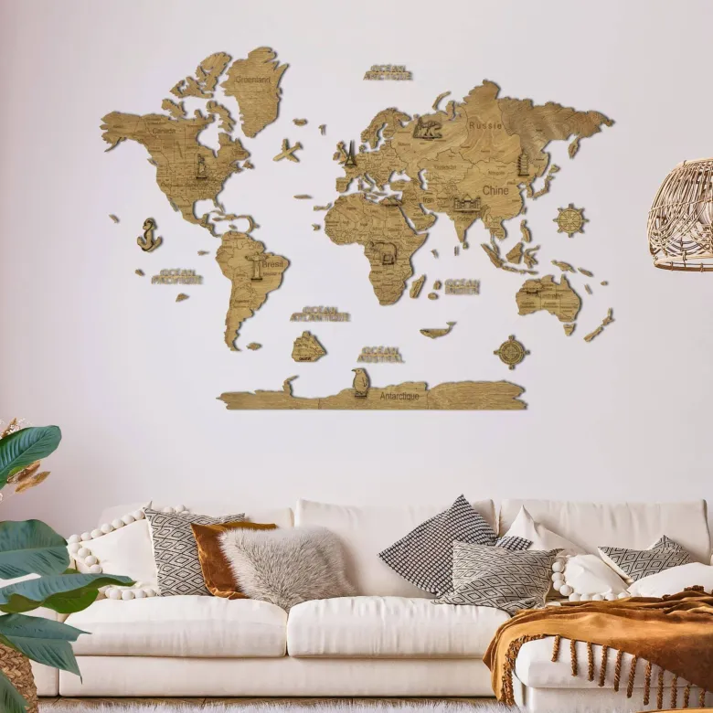Carte du monde en bois 2d foncée l