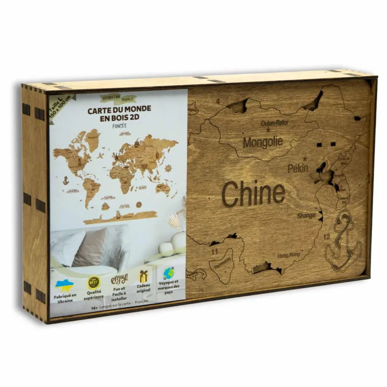 Carte du monde en bois 2d foncée l