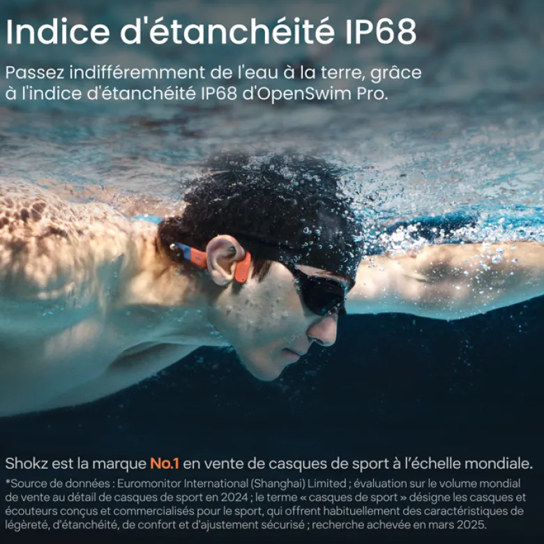 Casque à conduction osseuse étanche IP68 sans fil Shokz OpenSwim Pro