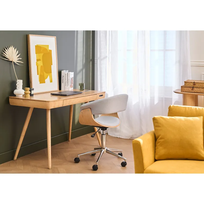 Chaise de bureau en tissu gris clair, bois clair et acier chromé oktav