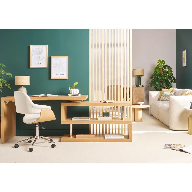 Chaise de bureau à roulettes blanc, bois clair et acier chromé hansen