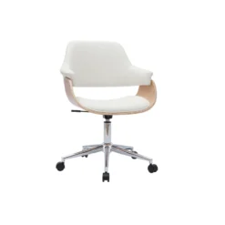 Chaise de bureau à roulettes blanc, bois clair et acier chromé hansen