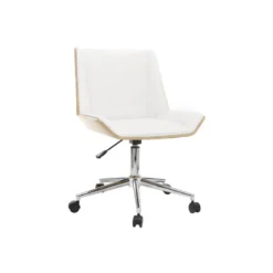 Chaise de bureau à roulettes blanc, bois clair et acier chromé melkior