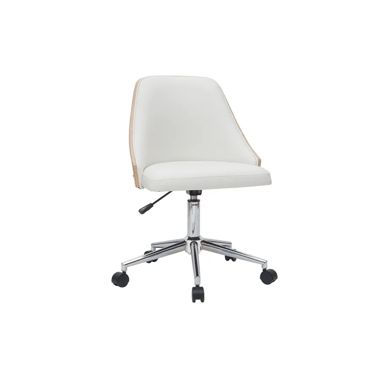 Chaise de bureau à roulettes blanc, bois clair et acier chromé quino