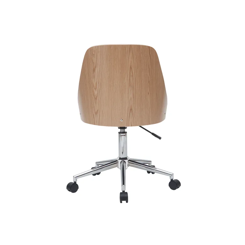 Chaise de bureau à roulettes blanc, bois clair et acier chromé quino