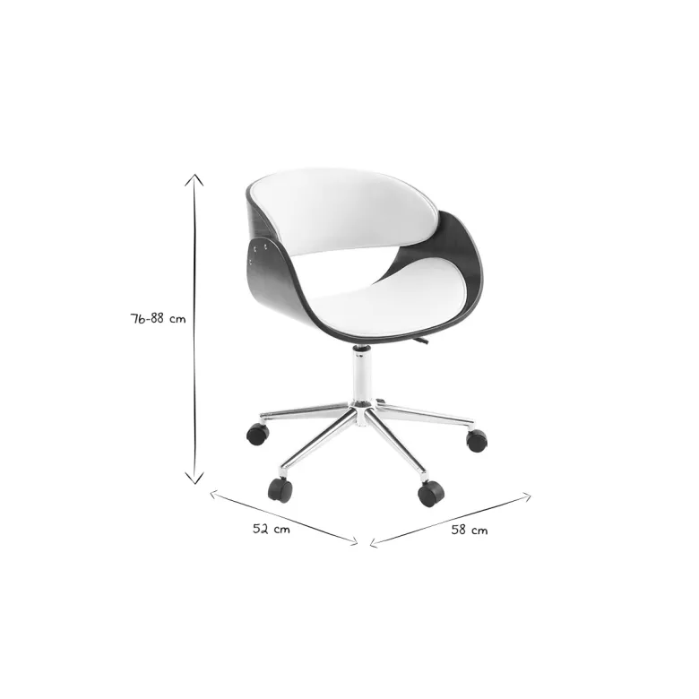 Chaise de bureau à roulettes blanc, bois foncé noyer et acier chromé bent