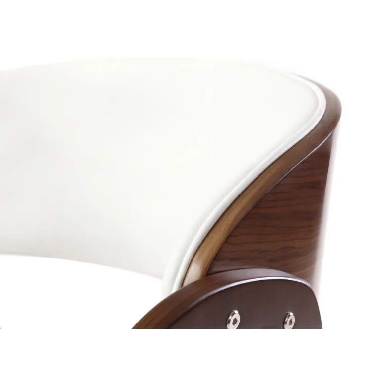 Chaise de bureau à roulettes blanc, bois foncé noyer et acier chromé bent